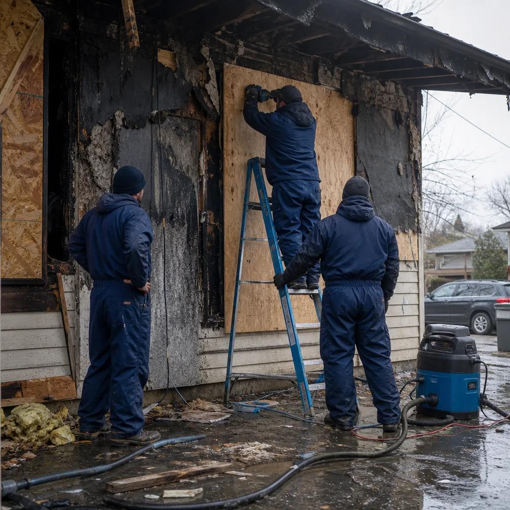Professional restoration team performing fire and smoke damage repairs on a house.