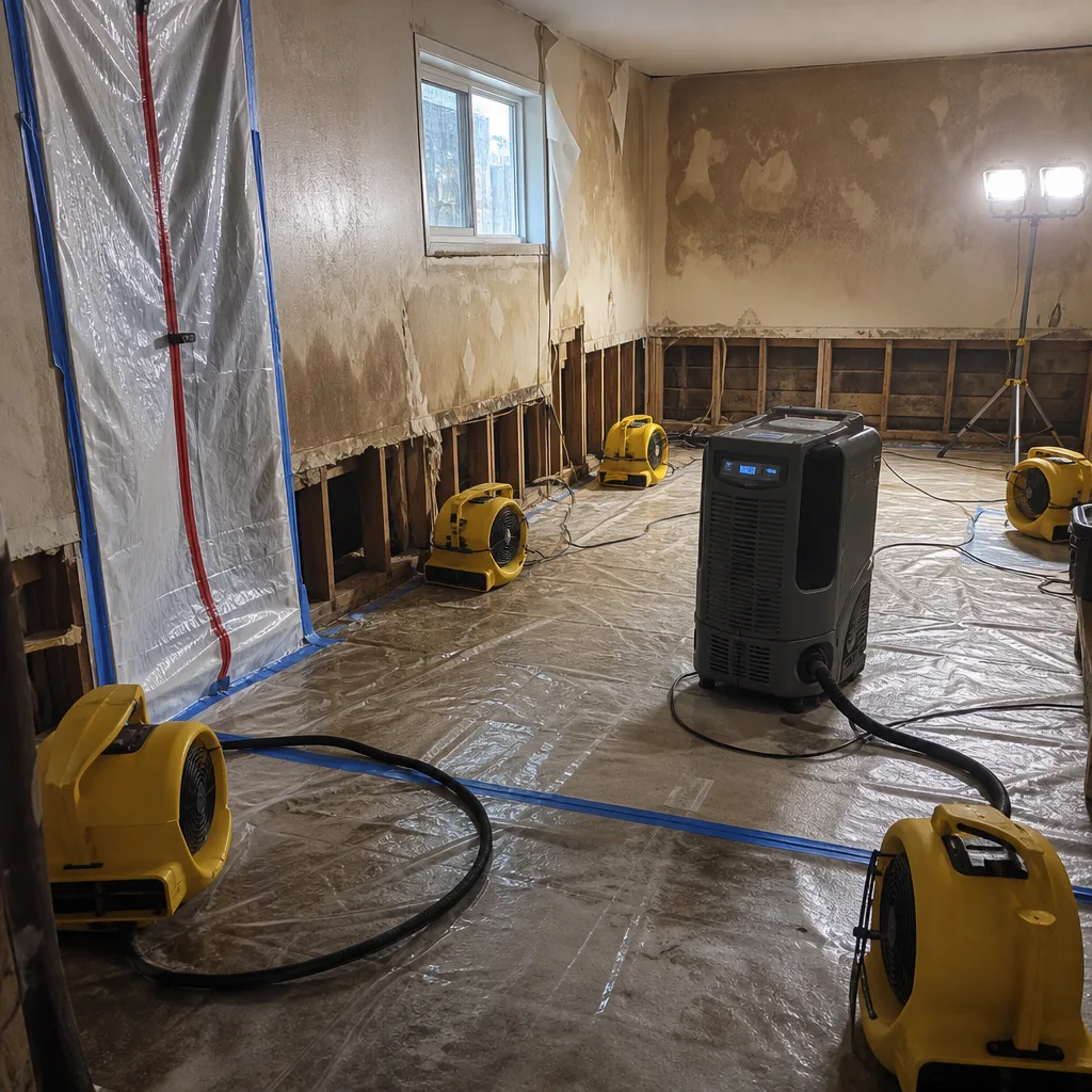 Water damage restoration equipment drying a flooded room with dehumidifiers and fans