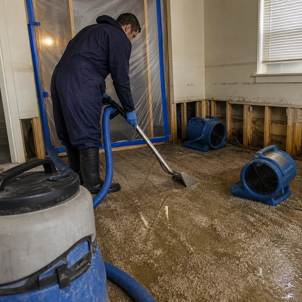 Water damage restoration professional extracting flood water from a carpeted floor