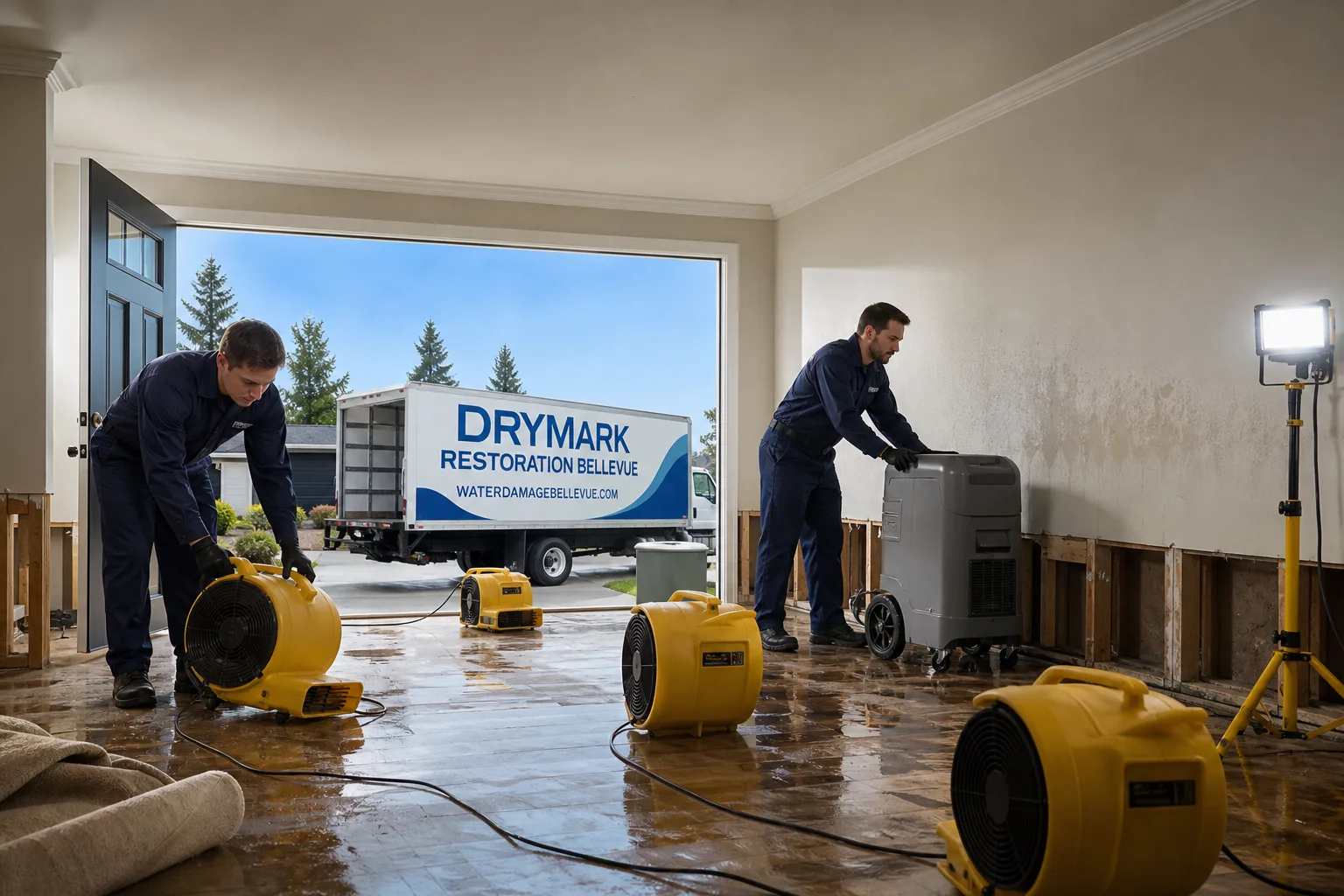 DryMark Restoration Bellevue damage restoration service vehicle and crew in Bellevue, WA